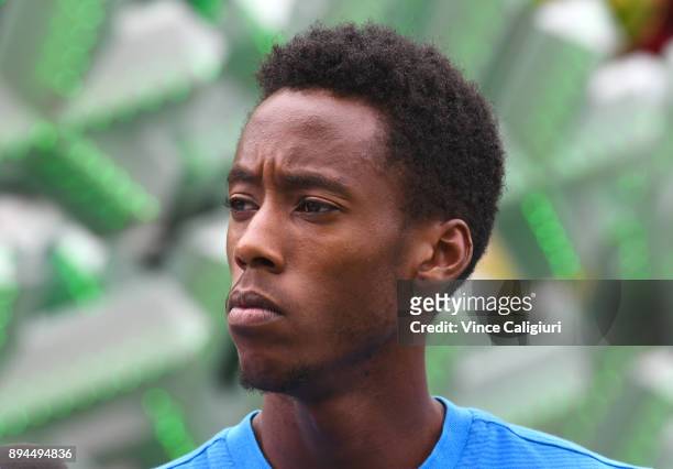 Bruce Kamau of Melbourne City talks to media during an A-League media opportunity at Federation Square on December 18, 2017 in Melbourne, Australia.