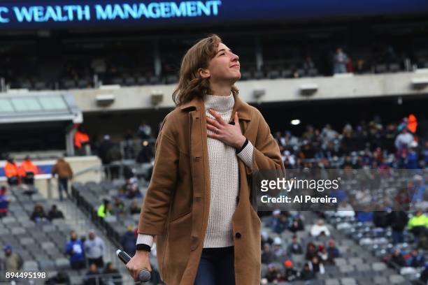 Julia Knitel of "Beautiful-The Carole King Musical" performs at halftime of the Philadelphia Eagles vs New York Giants game at MetLife Stadium on...
