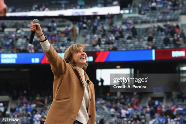 Julia Knitel of "Beautiful-The Carole King Musical" performs at halftime of the Philadelphia Eagles vs New York Giants game at MetLife Stadium on...