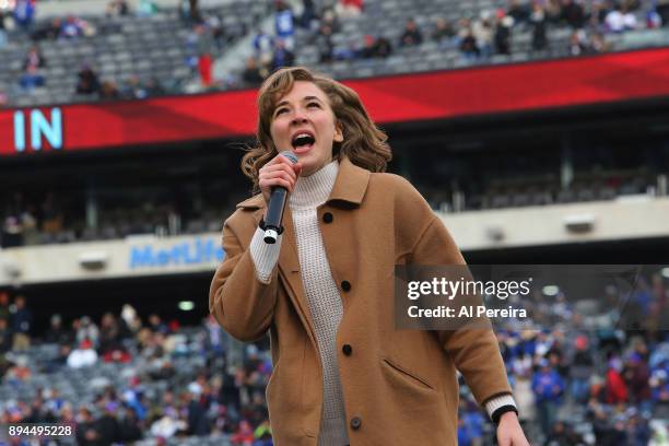 Julia Knitel of "Beautiful-The Carole King Musical" performs at halftime of the Philadelphia Eagles vs New York Giants game at MetLife Stadium on...