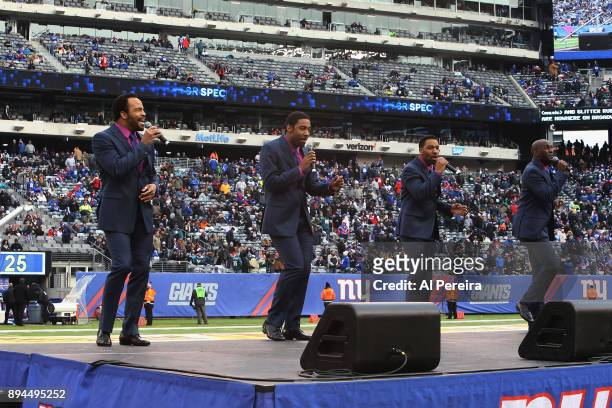 The cast of "Beautiful-The Carole King Musical" performs at halftime of the Philadelphia Eagles vs New York Giants game at MetLife Stadium on...