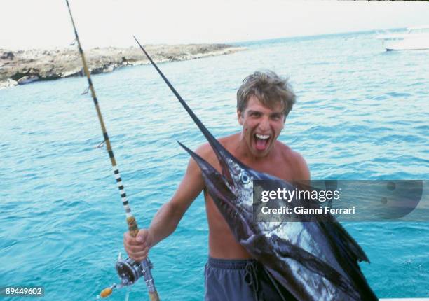 July 27, 1995. Spain. The bullfighter Manuel Diaz "The Cordobes" fishing.