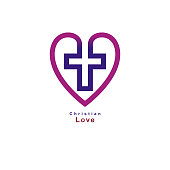True Christian Love and Belief in God, vector creative symbol design, combined Christian Cross and heart, vector sign.