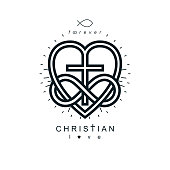 Immortal Love of God conceptual symbol combined with infinity loop sign and Christian Cross with heart, vector creative symbol.