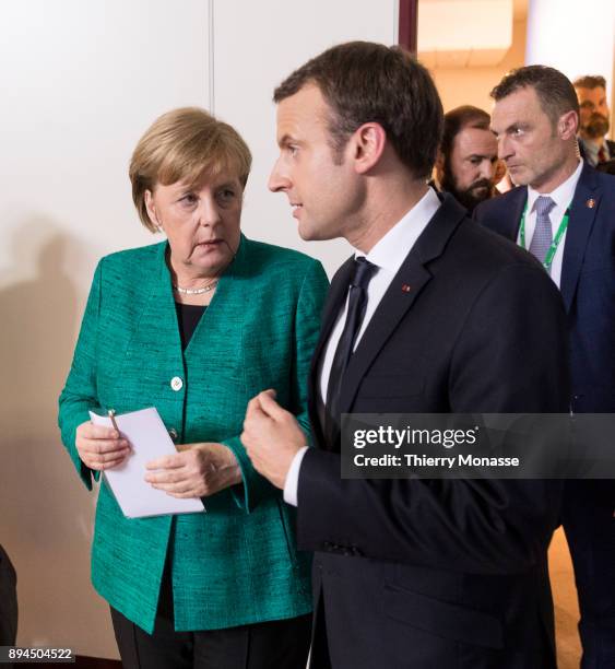 German Chancellor Angela Merkel and the French President Emmanuel Macron are living at the end of a 2 days EU Summit in the Justus Lipsius, the EU...