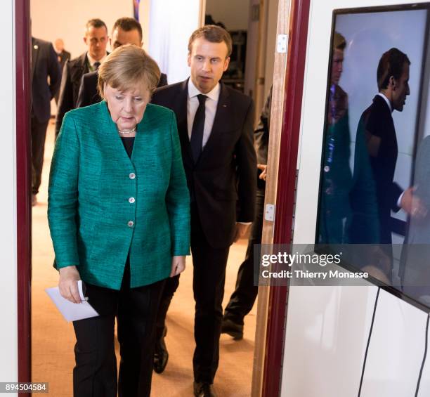 German Chancellor Angela Merkel and the French President Emmanuel Macron are living at the end of a 2 days EU Summit in the Justus Lipsius, the EU...