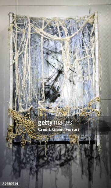 Madrid - Museo del Traje . Espana Exposicion "Fibras 08" de "Arte Textil Contemporaneo". "Imposible es una opinion", de Maria Munoz. Linen, painting,...