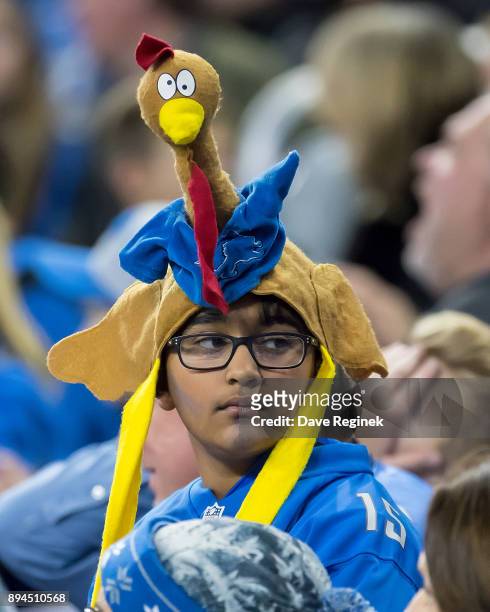 Festive fan stands with his Thanksgiving Turkey hat during an NFL game between the Detroit Lions and the Minnesota Vikings at Ford Field on November...