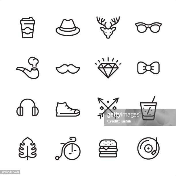 ilustraciones, imágenes clip art, dibujos animados e iconos de stock de hipsters - conjunto de iconos de contorno - anturio