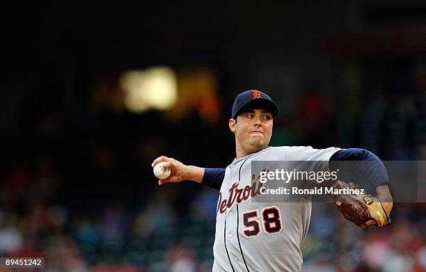 Pitcher Armando Galarraga of the Detroit Tigers throws against the Texas Rangers on July 27, 2009 at Rangers Ballpark in Arlington, Texas.