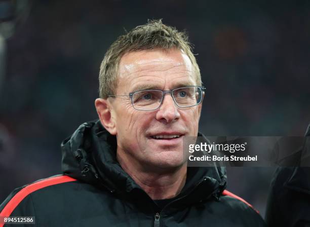Sporting Diretor Ralf Rangnick of Leipzig looks on prior to the Bundesliga match between RB Leipzig and Hertha BSC at Red Bull Arena on December 17,...