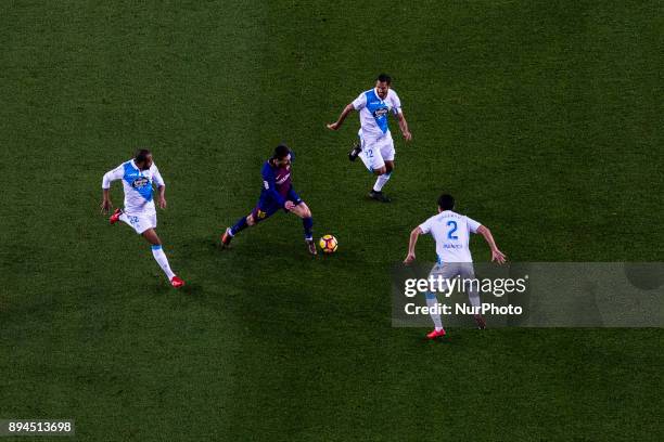 Leo Messi from Argentina of FC Barcelona rounded of defensors during the La Liga match between FC Barcelona v Deportivo at Camp Nou Stadium on...