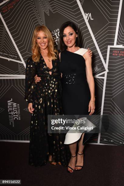 Kylie Minogue and Tina Arena attend the VIP Launch of the Australian Music Vault at the Arts Centre Melbourne on December 18, 2017 in Melbourne,...