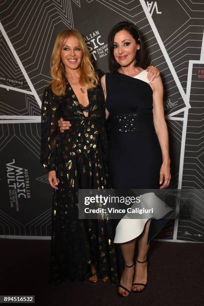 Kylie Minogue and Tina Arena attend the VIP Launch of the Australian Music Vault at the Arts Centre Melbourne on December 18, 2017 in Melbourne,...