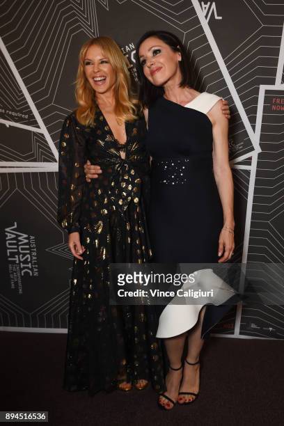 Kylie Minogue and Tina Arena attend the VIP Launch of the Australian Music Vault at the Arts Centre Melbourne on December 18, 2017 in Melbourne,...