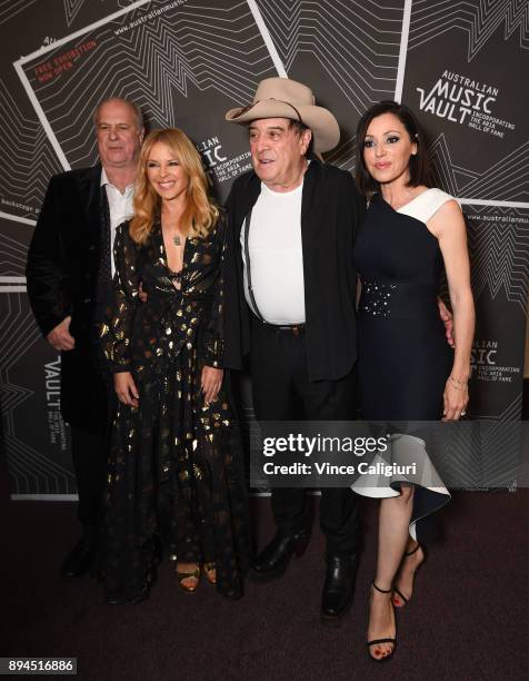 Michael Gudinski, Kylie Minogue, Ian 'Molly' Meldrum and Tina Arena attend the VIP Launch of the Australian Music Vault at the Arts Centre Melbourne...