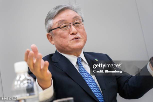 Toshiaki Higashihara, president and chief executive officer of Hitachi Ltd., gestures as he speaks during an interview at the company's headquarters...