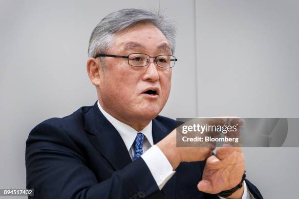 Toshiaki Higashihara, president and chief executive officer of Hitachi Ltd., gestures as he speaks during an interview at the company's headquarters...