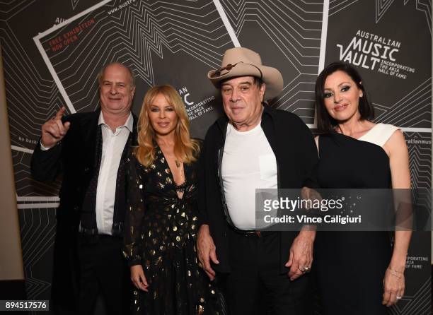 Michael Gudinski, Kylie Minogue, Ian 'Molly' Meldrum and Tina Arena attend the VIP Launch of the Australian Music Vault at the Arts Centre Melbourne...