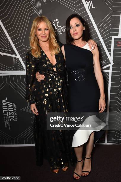 Kylie Minogue and Tina Arena attend the VIP Launch of the Australian Music Vault at the Arts Centre Melbourne on December 18, 2017 in Melbourne,...