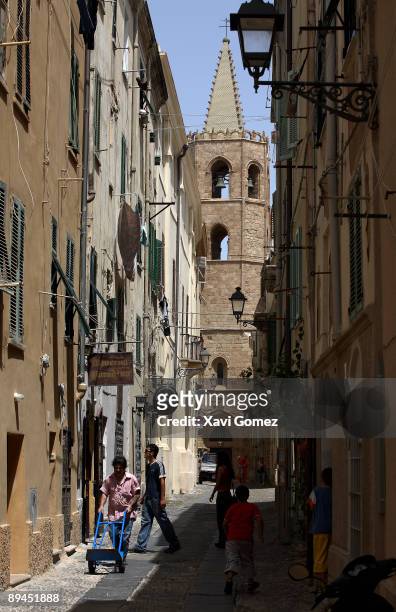 Alghero. Sardinia. Via Principe Umberto and Cathedral. Located on the northwest coast of Sardinia, Alghero has become a major holiday destination in...