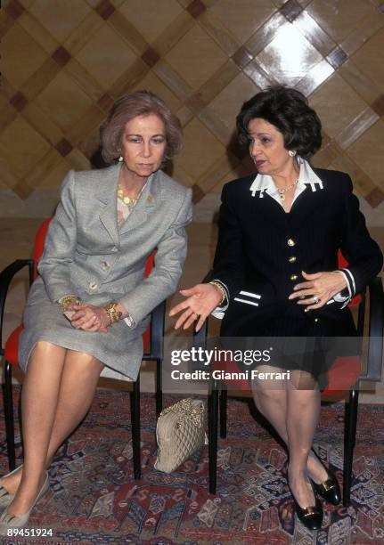 January 21, 1997. Egypt. Official visit of the Queen of Spain Sofia to Egypt. The Queen Sofia and Lady Susan Mubarak