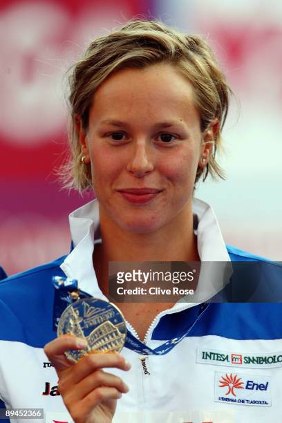 Federica Pellegrini of Italy receives the gold medal during the medal ceremony for the Women's 200m Freestyle Final during the 13th FINA World...