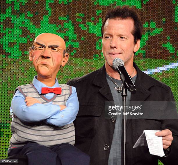 Comedian Jeff Dunham speaks during the MTV Networks portion of the 2009 Summer Television Critics Association Press Tour at the Langham Hotel on July...