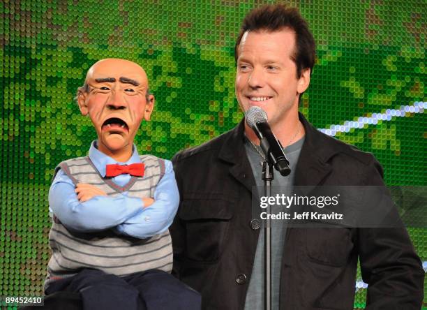 Comedian Jeff Dunham speaks during the MTV Networks portion of the 2009 Summer Television Critics Association Press Tour at the Langham Hotel on July...