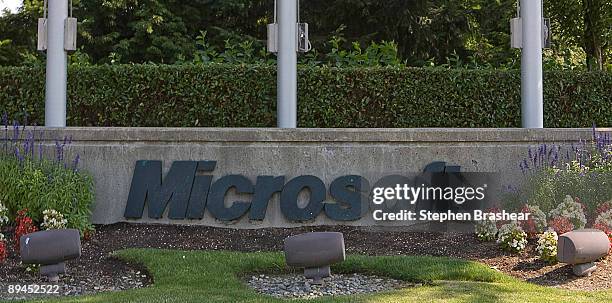 Sign displays the Microsoft logo in front of the company's headquarters on July 29, 2009 in Redmond, Washington. Microsoft and Yahoo! have announced...