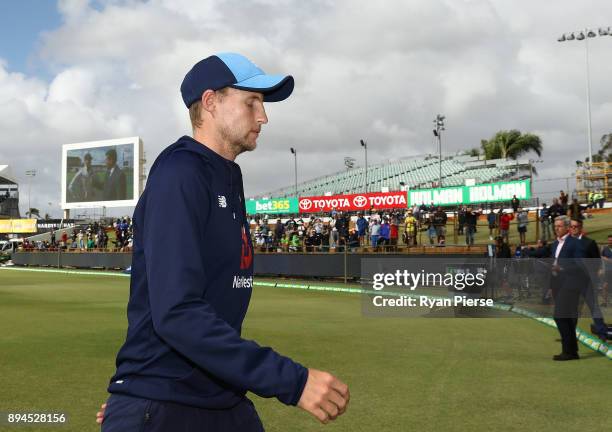 Joe Root of England looks dejected after Australia claim victory during day five of the Third Test match during the 2017/18 Ashes Series between...