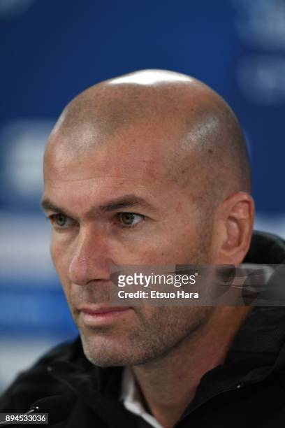 Real Madrid head coach Zinedine Zidane attends a press conference ahead of the FIFA Club World Cup UAE 2017 final match between Real Madrid and...