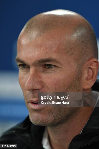 Real Madrid head coach Zinedine Zidane attends a press conference ahead of the FIFA Club World Cup UAE 2017 final match between Real Madrid and...