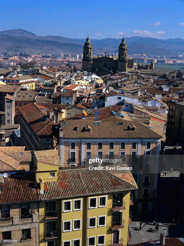 Pamplona. Navarra. Catedral of Pamplona and overlooking city.