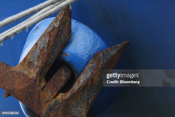 An anchor of the Cosco New York shipping container is seen as the vessel sits docked at the Jawaharlal Nehru Port, operated by Jawaharlal Nehru Port...