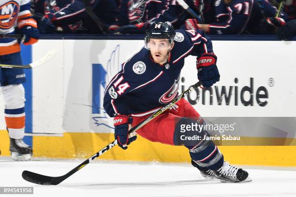 Jordan Schroeder of the Columbus Blue Jackets skates against the New York Islanders on December 14, 2017 at Nationwide Arena in Columbus, Ohio.