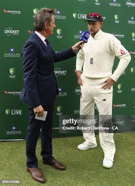 Joe Root of England is interviewed after Australia defeated England to win the Ashes during day five of the Third Test match during the 2017/18 Ashes...
