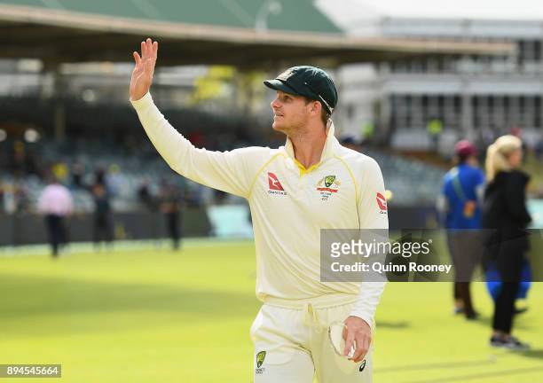 Steve Smith of Australia waves to the crowd after winning during day five of the Third Test match during the 2017/18 Ashes Series between Australia...