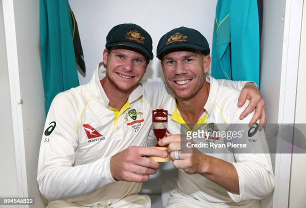 Steve Smith and David Warner of Australia celebrate in the changerooms after Australia regained the Ashes during day five of the Third Test match...