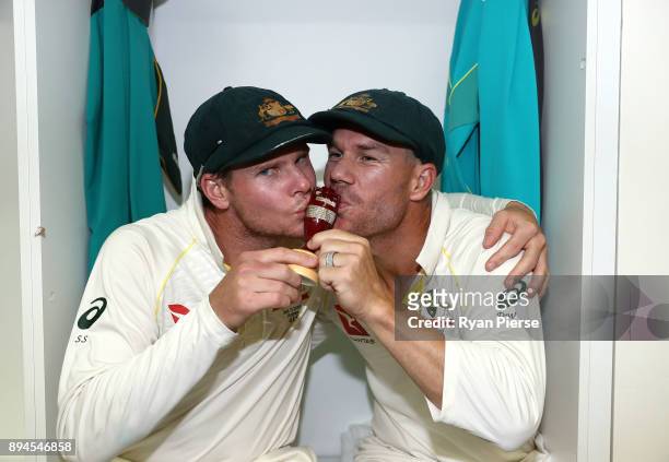 Steve Smith and David Warner of Australia celebrate in the changerooms after Australia regained the Ashes during day five of the Third Test match...