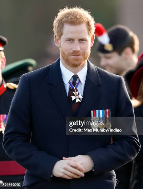 Prince Harry attends The Sovereign's Parade at the Royal Military Academy Sandhurst on December 15, 2017 in Camberley, England. The Sovereign's...