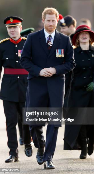 Prince Harry attends The Sovereign's Parade at the Royal Military Academy Sandhurst on December 15, 2017 in Camberley, England. The Sovereign's...