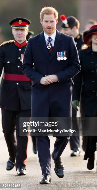 Prince Harry attends The Sovereign's Parade at the Royal Military Academy Sandhurst on December 15, 2017 in Camberley, England. The Sovereign's...