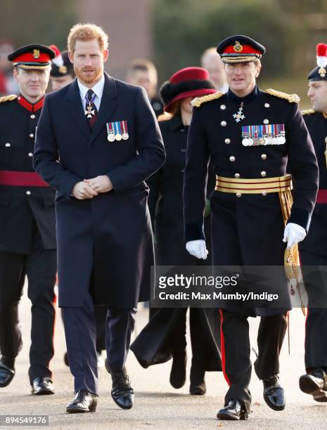 Prince Harry accompanied by Major General Paul Nanson attends The Sovereign's Parade at the Royal Military Academy Sandhurst on December 15, 2017 in...