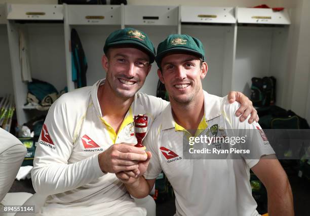 Shaun Marsh and Mitch Marsh of Australia celebrate in the changerooms after Australia regained the Ashes during day five of the Third Test match...