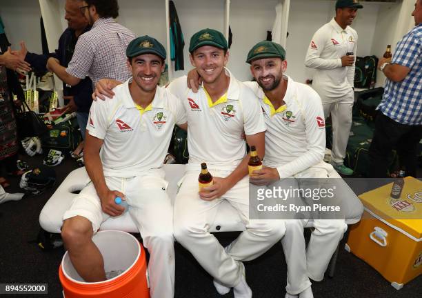 Mitchell Starc, Josh Hazlewood and Nathan Lyon and Australia celebrate in the changerooms after Australia regained the Ashes during day five of the...