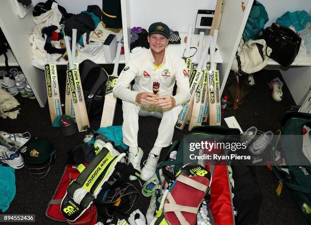 Steve Smith of Australia celebrates in the changerooms after Australia regained the Ashes during day five of the Third Test match during the 2017/18...