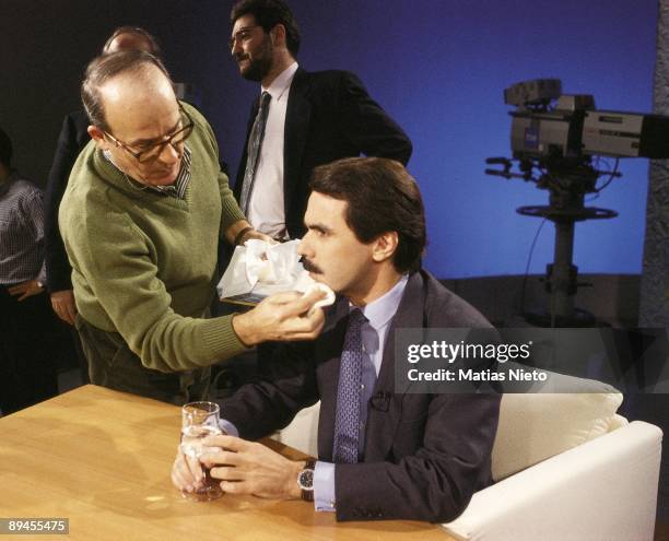 Make up session of Jose Maria Aznar in a TV set The PP politician before recording an electoral program in T.V