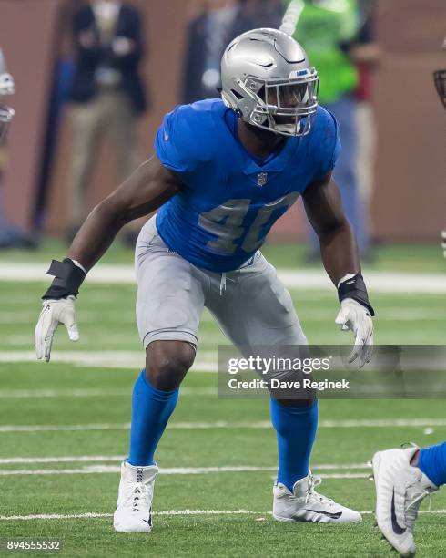 Jarrad Davis of the Detroit Lions follows the play against the Minnesota Vikings during an NFL game at Ford Field on November 23, 2016 in Detroit,...