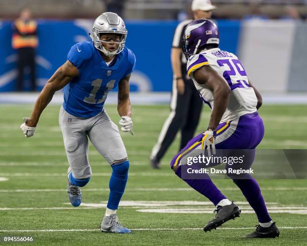 Xavier Rhodes of the Minnesota Vikings defends Marvin Jones Jr. #11 of the Detroit Lions during an NFL game at Ford Field on November 23, 2016 in...